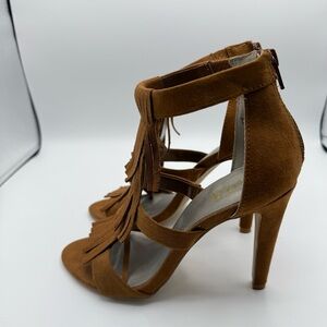 a.n.a Fringe Faux Suede Open Toe Heeled Sandals Brown 3.5” Women 7 Boho Festival